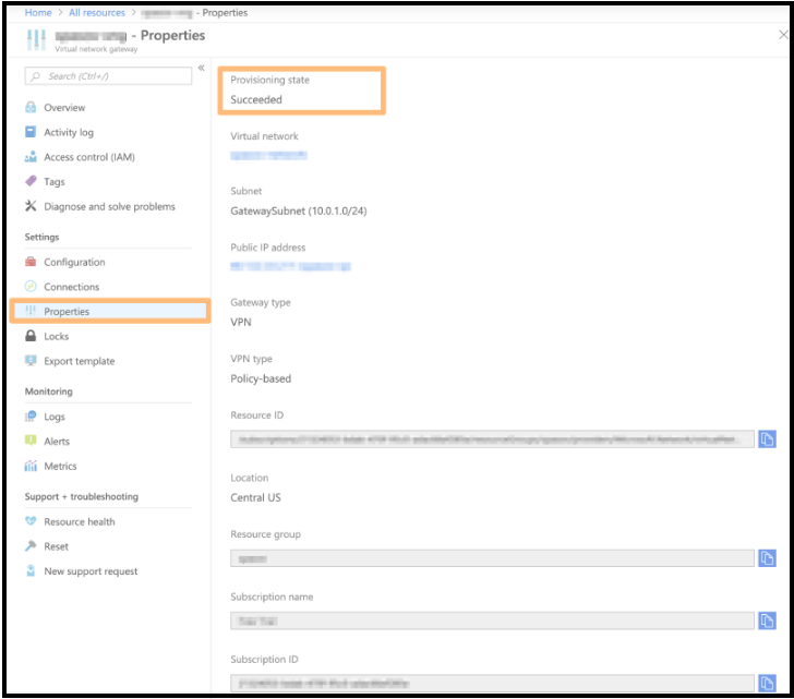 Azure virtual network gateway Properties showing Provisioning state Succeeded