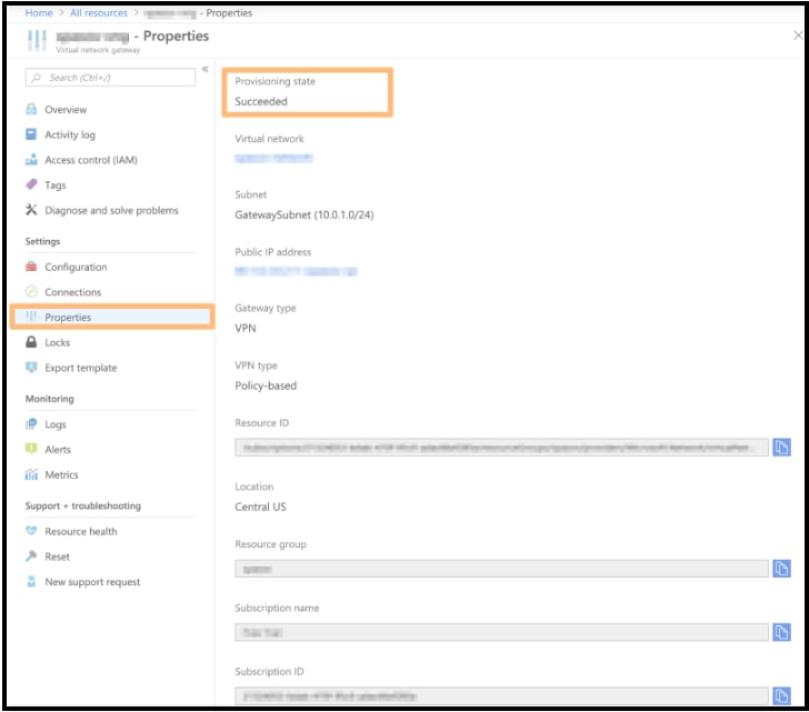 Azure virtual network gateway Properties showing Provisioning state Succeeded
