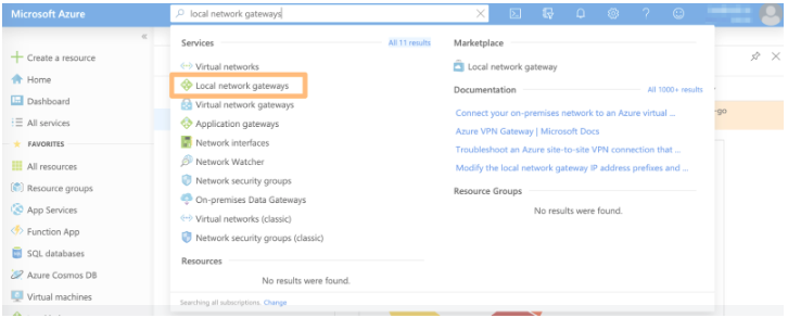 Azure search results with Local network gateways entry highlighted