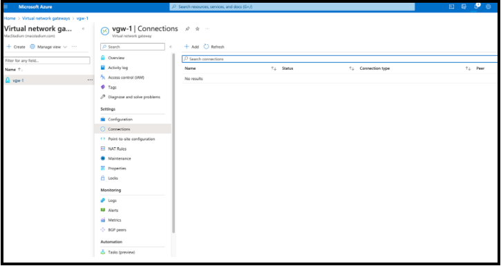 Azure local network gateway Connections panel with Add button