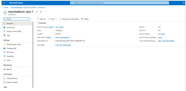Azure VPN connection Overview page with Download configuration option