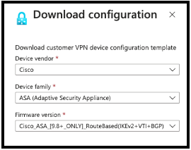 Download configuration dialog with Cisco ASA and firmware version selected
