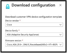 Download configuration dialog with Cisco ASA and firmware version selected