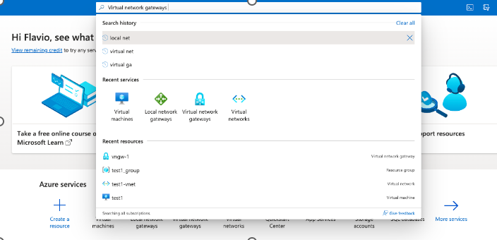 Azure search results with Virtual network gateways entry highlighted