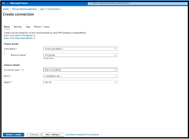 Azure Create Connection form with Site-to-Site IPsec connection type selected