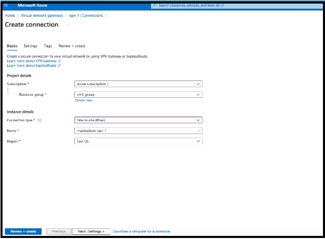 Azure Create Connection form with Site-to-Site IPsec connection type selected