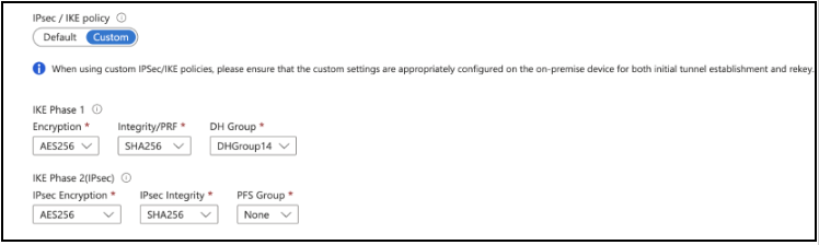 Azure IPsec IKE policy settings for IKE Phase 1 and Phase 2