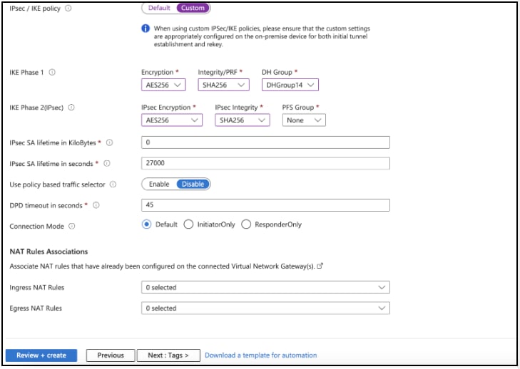 Azure VPN connection settings summary before creation