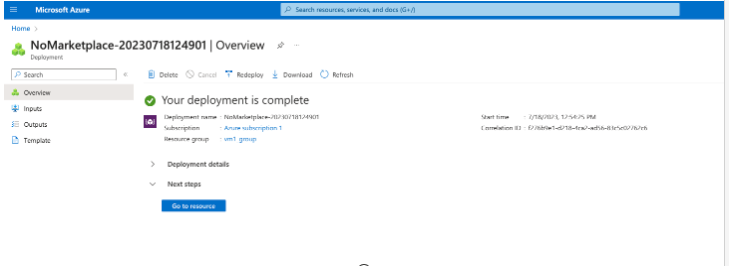 Azure deployment complete screen with Go to resource button