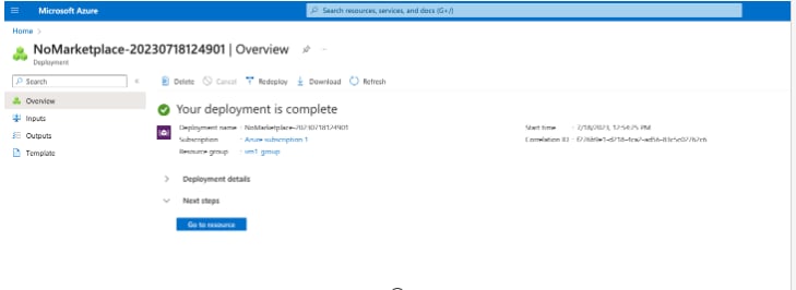 Azure deployment complete screen with Go to resource button