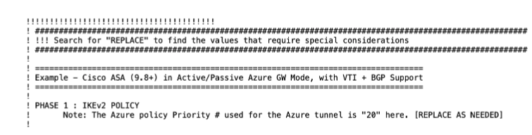 Azure VPN configuration script header section showing where configuration begins