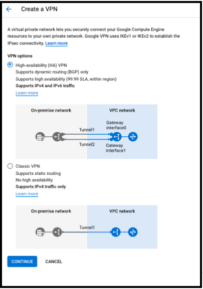 GCP HA VPN gateway configuration form with name and network fields