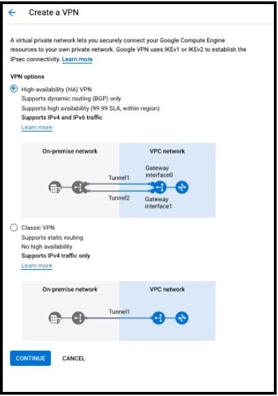 GCP HA VPN gateway configuration form with name and network fields