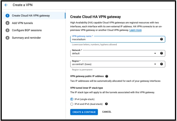GCP peer VPN gateway configuration with two interface IP fields