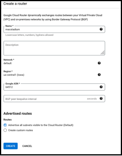 GCP BGP session configuration form with peer ASN field