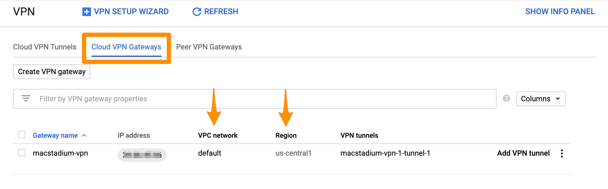 GCP Cloud VPN Gateways list showing gateway region and VPC network