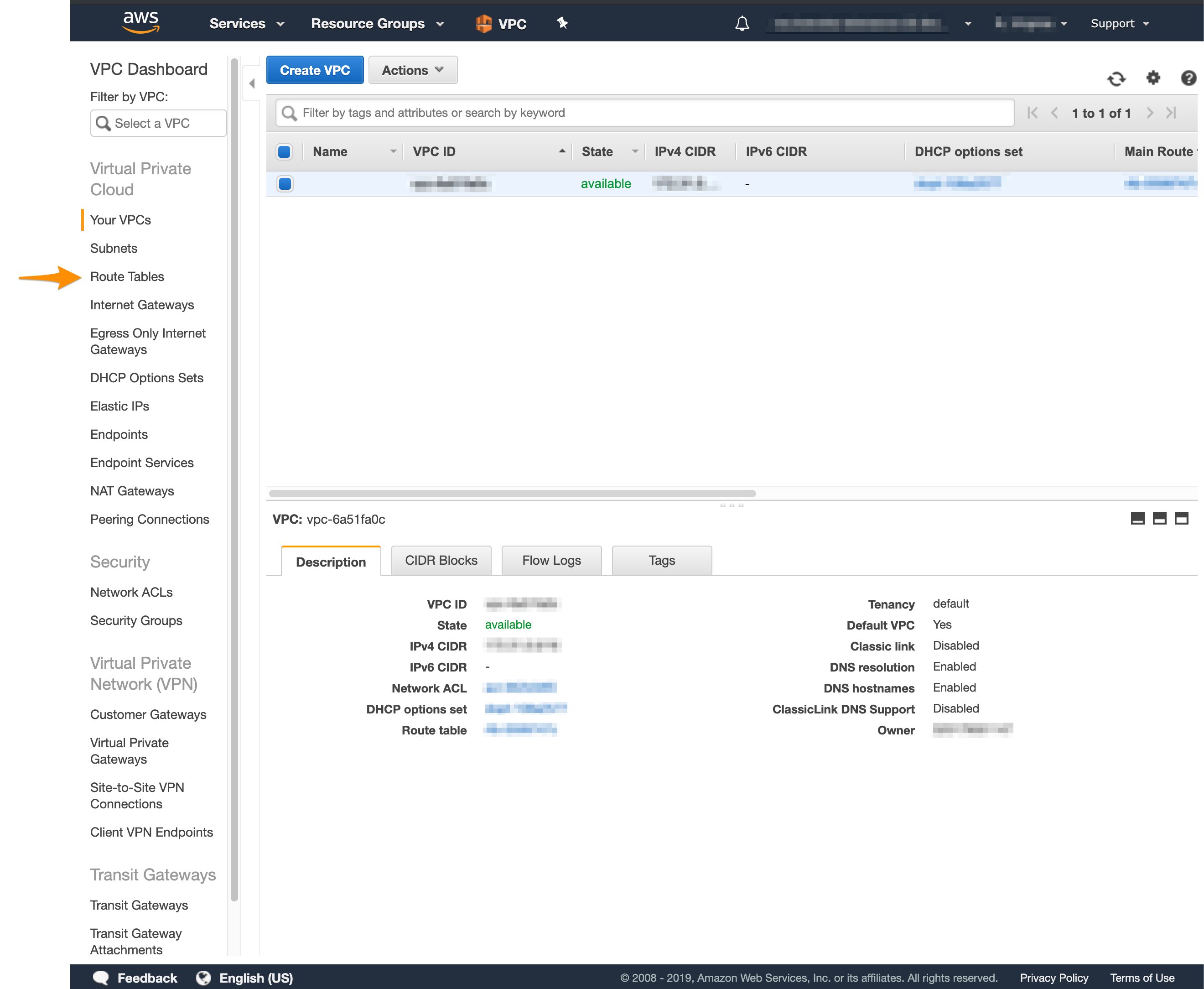 AWS VPC sidebar with Route Tables option highlighted