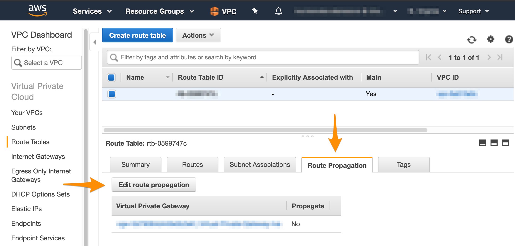AWS Route Table Route Propagation tab with Propagate checkbox enabled