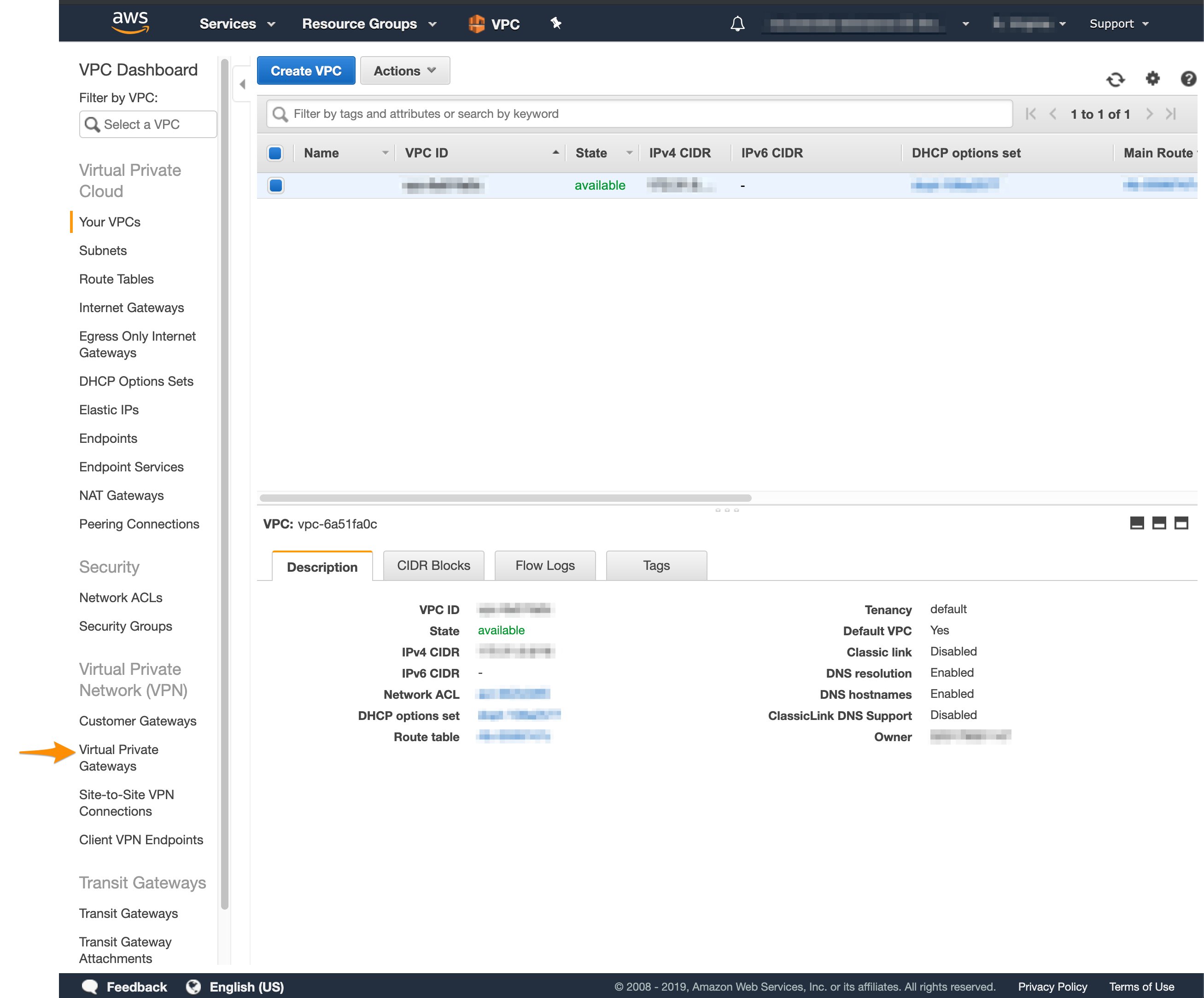 AWS VPC sidebar with Virtual Private Gateways option highlighted