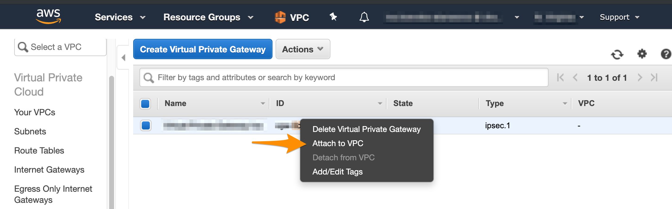 AWS Virtual Private Gateways dashboard with Attach to VPC right-click option