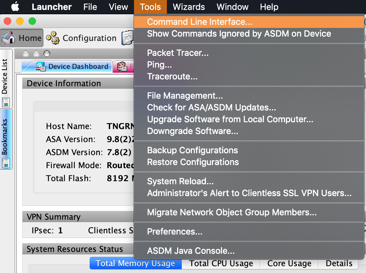 Cisco ASDM-IDM Tools menu with Command Line Interface option