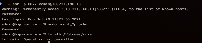 Terminal showing "orka: Operation not permitted" SSH error