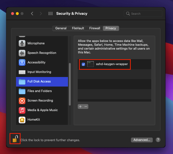 Full Disk Access list with sshd-keygen-wrapper checkbox selected
