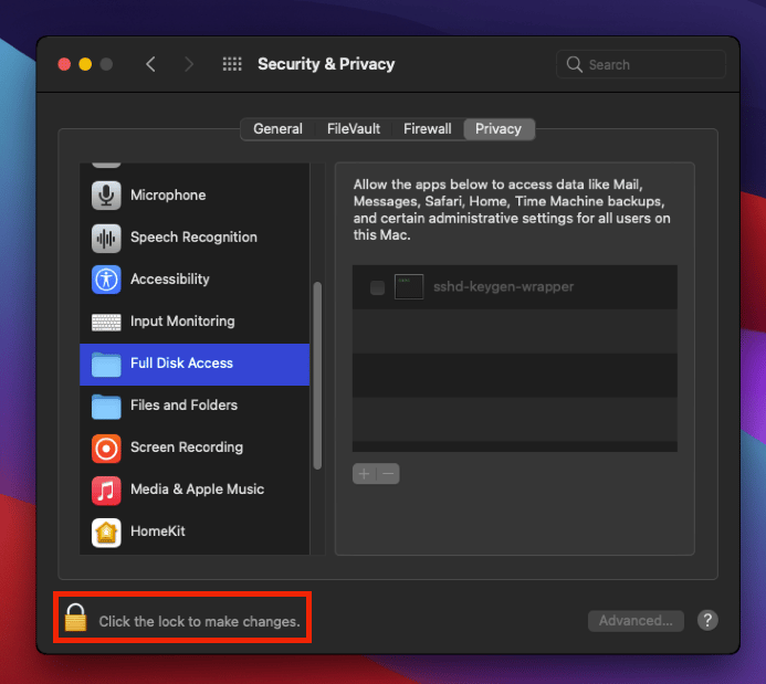 macOS Security and Privacy Full Disk Access settings with padlock