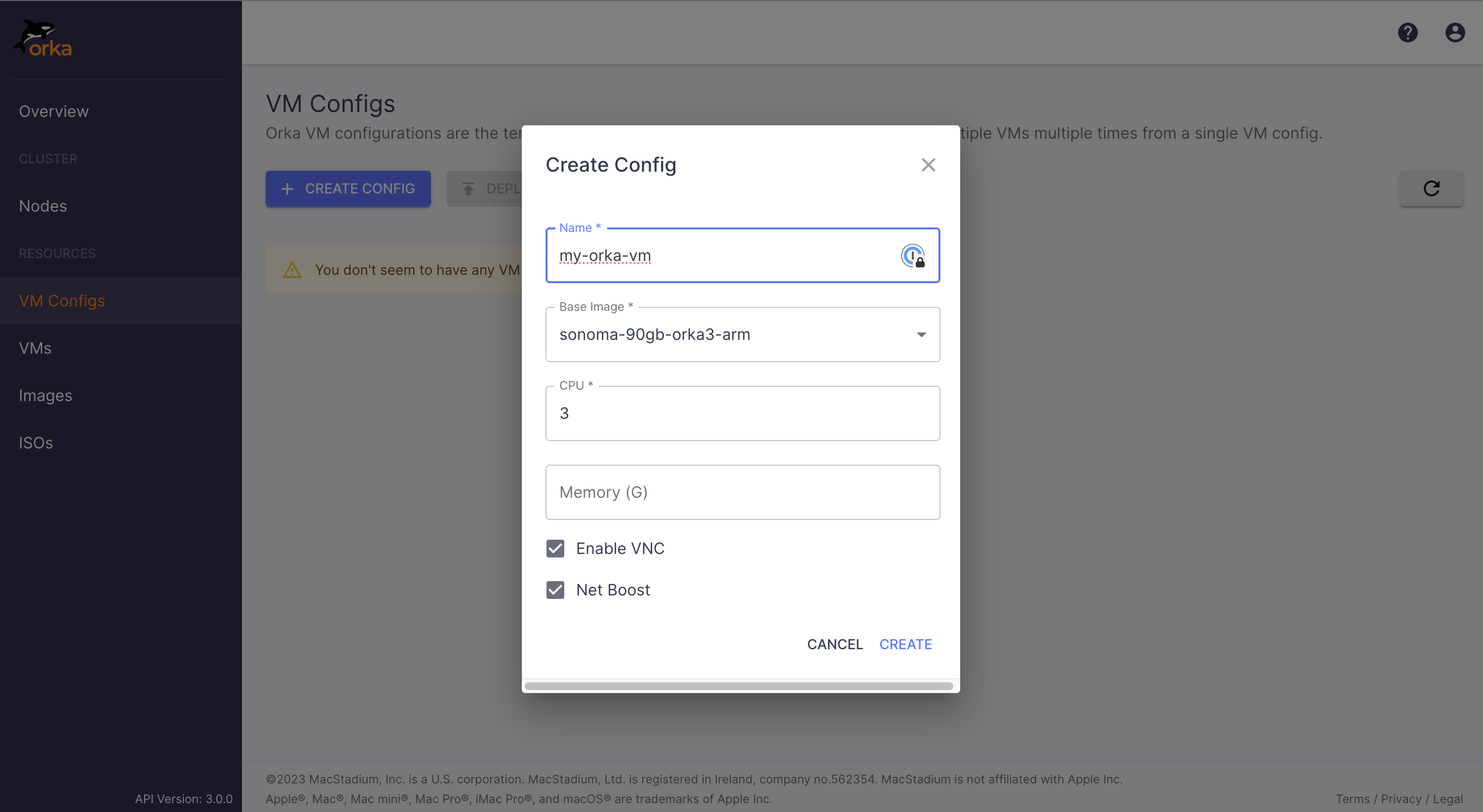 Create VM config form with name, image, CPU, and vCPU fields