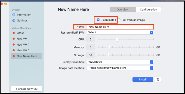 New VM dialog with Clean Install selected and Name field
