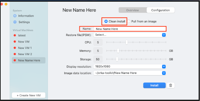New VM dialog with Clean Install selected and Name field
