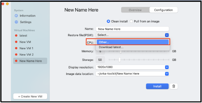 IPSW dropdown with Other option highlighted to select an existing file