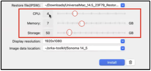 VM resource sliders for CPU count, memory, and storage allocation
