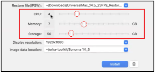 VM resource sliders for CPU count, memory, and storage allocation
