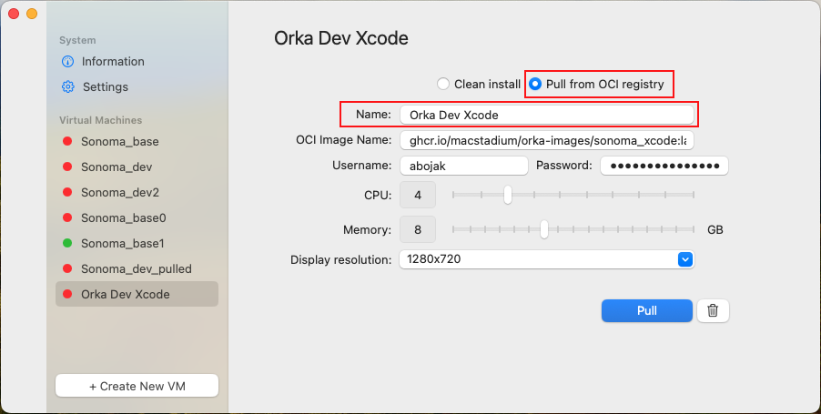 New VM dialog with Pull from an Image option selected