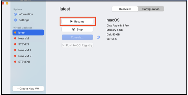 Resume button for a paused VM in Orka Desktop
