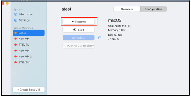 Resume button for a paused VM in Orka Desktop