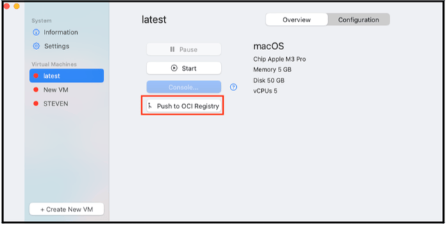 Push to OCI Registry button for a selected VM