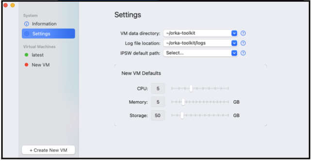 Orka Desktop Settings panel with log file location and VM directory options