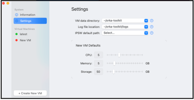Orka Desktop Settings panel with log file location and VM directory options