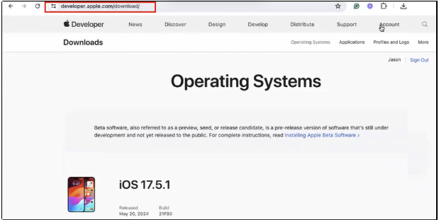 Apple Developer portal IPSW download page