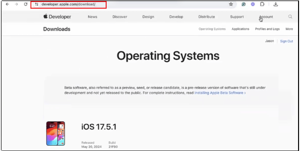 Apple Developer portal IPSW download page