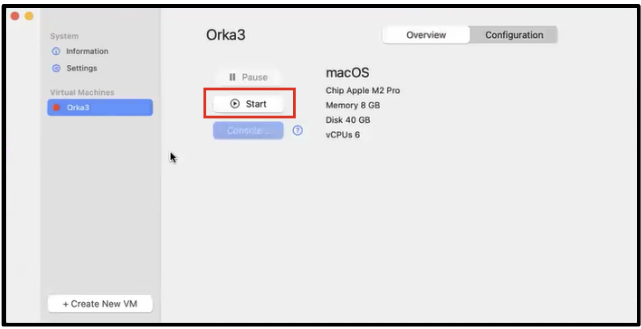 Start button for a selected VM in Orka Desktop
