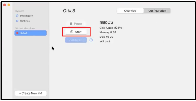Start button for a selected VM in Orka Desktop