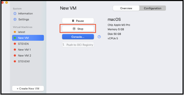 Stop button for a running VM in Orka Desktop