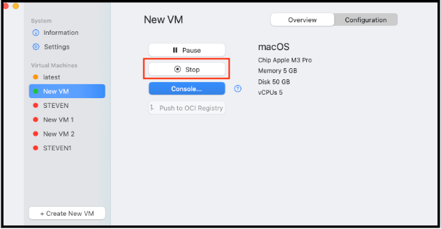 Stop button for a running VM in Orka Desktop