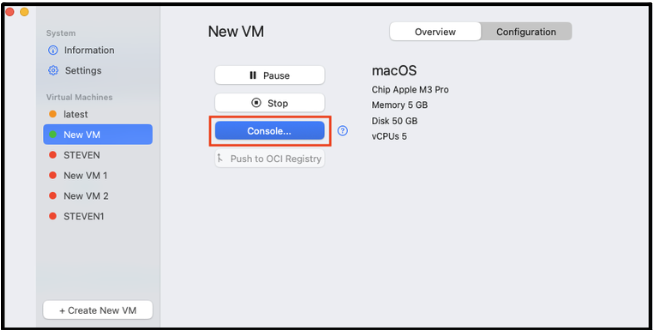 Console button to open graphical VM display in Orka Desktop