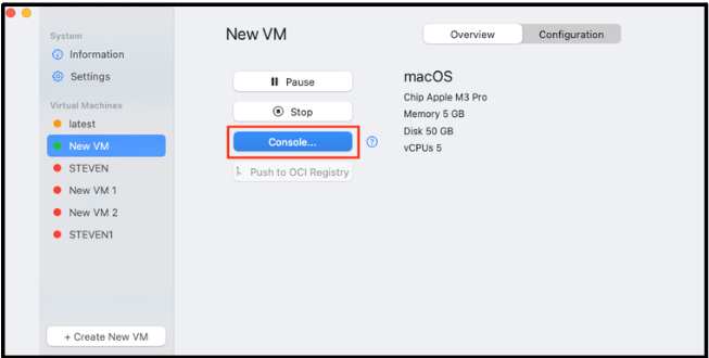 Console button to open graphical VM display in Orka Desktop
