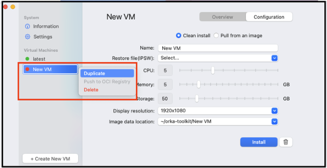 Right-click context menu on a VM showing Duplicate, Push to OCI Registry, and Delete options