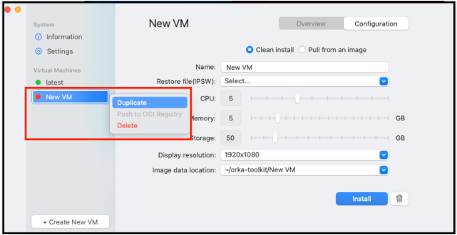 Right-click context menu on a VM showing Duplicate, Push to OCI Registry, and Delete options